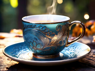 Exquisite teal and gold ornate teacup with steaming hot beverage on a wooden table outdoors in soft, dappled light.