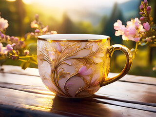 Luxurious gold and white ceramic mug with delicate pink floral relief, bathed in warm sunset light on a rustic wooden table.