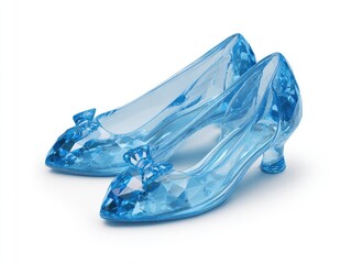 Fototapeta premium Pair of translucent, light-blue, crystal-like shoes. Small, pointed toes. High, slightly-curved heels. Bow detail on top. Isolated on white background