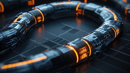Curvy metallic tube with glowing orange bands rests on a patterned surface