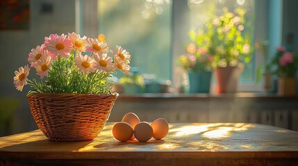 Daisy bouquet with eggs on sunlit wooden table, window behind, warm mood