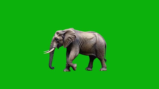 3D giant African bush elephant walking cycle side view in a real shot loop animation on green screen, 4k Asian elephant walk slowly render on chroma key background, Footage high-quality 4k video