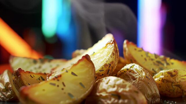 Hot Steaming Baked Potato Wedges with Colorful Neon Lights.
