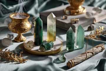 Mindfulness meditation altar with crystals and incense on a soft fabric Generative AI