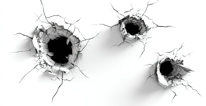 Three bullet holes in a cracked white surface