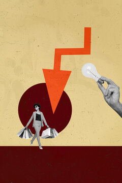 Collage with person observing rising arrow symbolizing startup growth business income statistics trading decrease increase