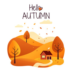 Autumn Fall Landscape with Cozy Cottage and Falling Leaves — Vector Illustration of Scenic Hills, Orange and Yellow Trees, Seasonal Nature Background, Rural Countryside Design in Warm Colors