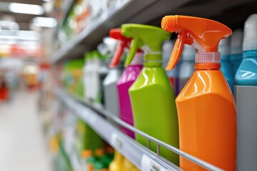 Cleaning products for mold removal fill store shelves in bright colors Generative AI