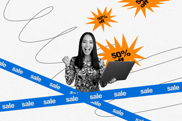 3d pop zine sketch artwork collage of happy girl hold laptop online shopping percentage offer market black friday sale off