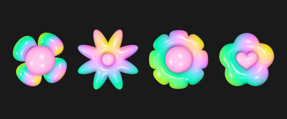 Bright glossy 3D shapes in iridescent pastel and neon colors create a whimsical retro-futuristic collection on a solid black background.