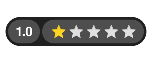 One star rating bar with numeric label 1.0 in dark capsule style, lowest customer review feedback score, PNG with transparent background