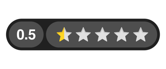 Half star rating bar with numeric label 0.5 in dark capsule design, very poor review feedback score and lowest trust, PNG with transparent background