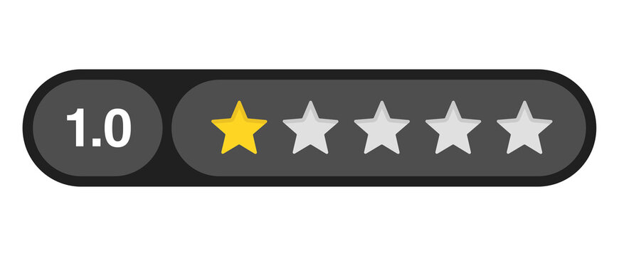One star rating bar with numeric label 1.0 in dark capsule style, lowest customer review feedback score, PNG with transparent background