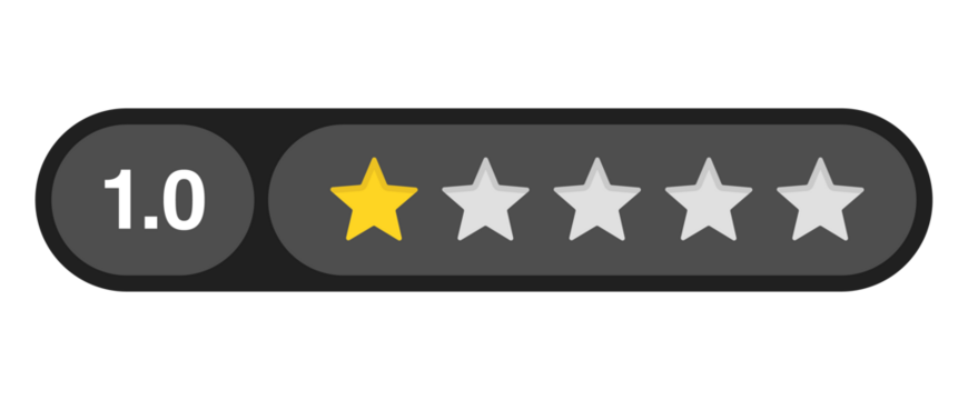 One star rating bar with numeric label 1.0 in dark capsule style, lowest customer review feedback score, PNG with transparent background