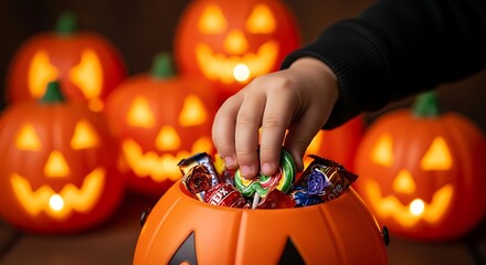 Child's hand taking candy from a pumpkin bucket, surrounded by glowing Halloween jack-o'-lanterns