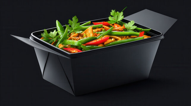 A vibrant mix of chicken stir fry with green beans, red peppers, and fresh parsley is beautifully presented in a sleek black takeout container on dark background.
