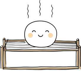 Happy dumpling character relaxing in a wooden bath steam rising.