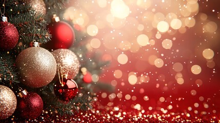 Festive Christmas tree branch with shiny ornaments and bokeh lights on red