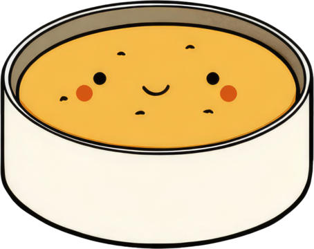 Cute cartoon illustration of a smiling bowl of soup.