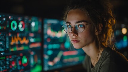 Young woman with glasses intently studying complex data visualizations on multiple screens in a dark room