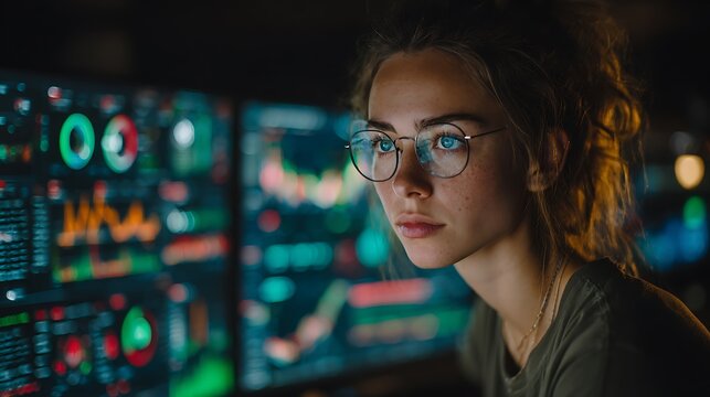 Young woman with glasses intently studying complex data visualizations on multiple screens in a dark room