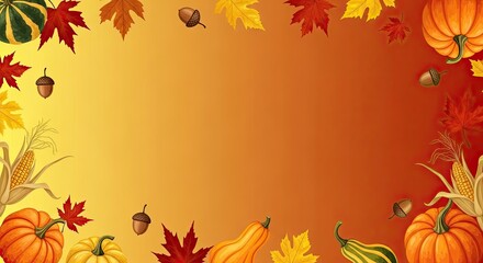 A vibrant autumnal border featuring pumpkins, acorns, and maple leaves on a gradient background.