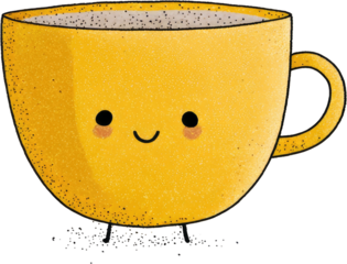 Cute Yellow Coffee Cup with Smiling Face and Tiny Legs.