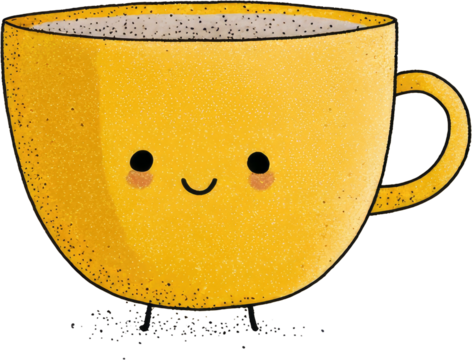 Cute Yellow Coffee Cup with Smiling Face and Tiny Legs.