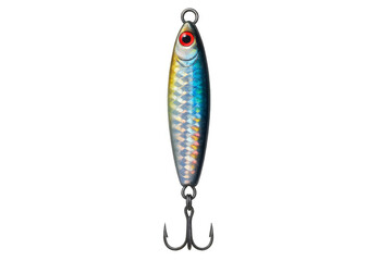 Shiny fishing lure bait with red eyes and treble hook