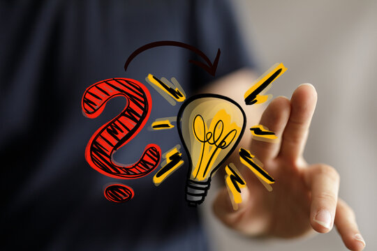 Hand touching digital interface with question mark transforming into light bulb, symbolizing discovery, innovation, and finding answers to chall