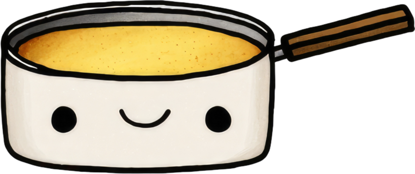 Cute Cartoon Saucepan with Smiling Face and Yellow Liquid.