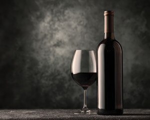 Elegant wine bottle and glass on table with dark background