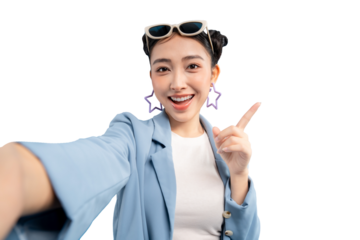 Portrait young Asian woman taking a selfie with sunglasses on. She is wearing a fashionable blue jacket and star earrings on PNG