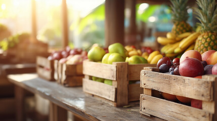 Fresh Organic Fruits Displayed in Wooden Crates at Market for National Farmer’s Day Celebration