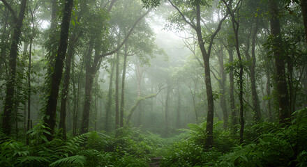 Obraz premium Misty Forest Landscape with Green Ferns and Trees
