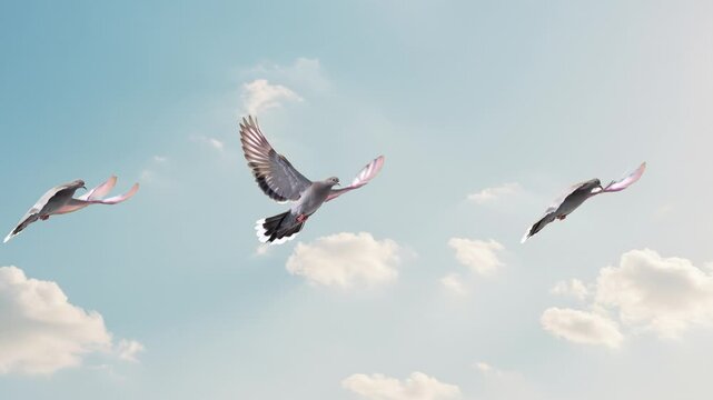 Common pigeons flying in the blue sky with white clouds Description: A low angle shot of a grey pigeon soaring through a bright sky with soft white clouds.