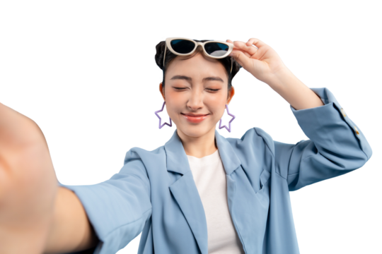 Portrait young Asian woman with sunglasses is taking a selfie with smile on PNG