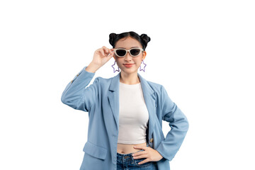 Young woman in a stylish outfit. She is wearing sunglasses and has two buns hairstyle