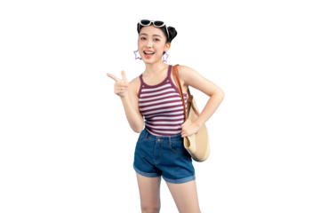 A young woman cheerfully gives a thumbs up gesture with an adorable smile. She is wearing a striped top, shorts, and sunglasses, carrying a shoulder bag on PNG.