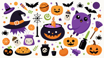 A whimsical Halloween-themed illustration scattered with festive elements on a white background.