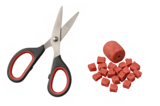 Scissors preparing red fishing bait into cubes