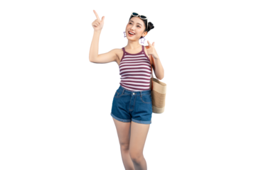 Portrait of a young woman pointing upwards. She wears a summer outfit and smiles happily on PNG