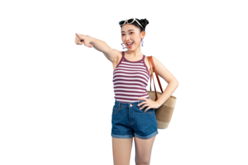 Happy woman showing direction to explore the world in PNG