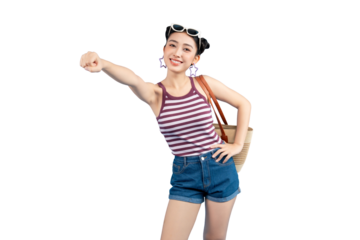 Young Asian woman enjoying her vacation, showing confidence and a fun personality with sunglasses. This image is suitable for travel, leisure and vacation themes on PNG