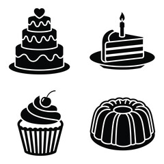 Four delicious dessert icons featuring a tiered cake cupcake slice of cake and bundt cake designs silhouette