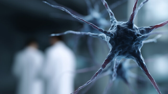 3D rendering of neurons with DNA structure and blurred scientists in background, biotechnology and medical research concept 3D neurons rendering, DNA structure, scientists backgrou