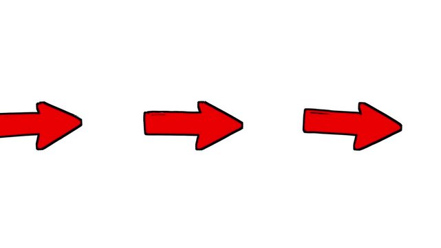 A sequence of hand-drawn, sketchy-style red arrows moving horizontally across a clean white background. The arrows look like they were drawn with a marker, complete with wobbly lines and texture. They