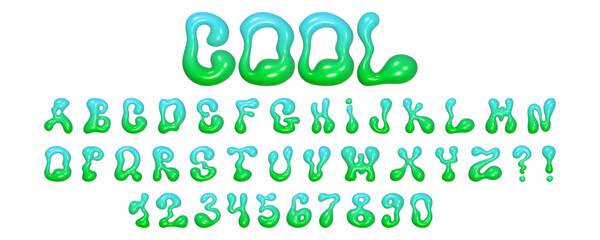 Unique 3D wavy font design featuring liquid letters and numbers with a glossy texture perfect for modern creative projects.
