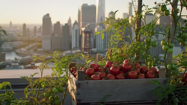 Tomato plants on rooftop with city skyline background
