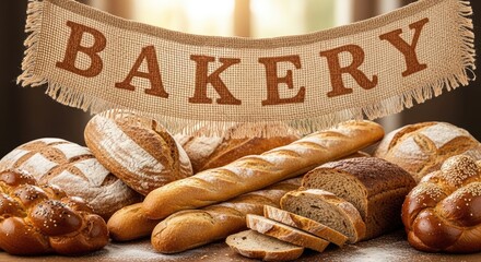 Various types of bread on a wooden table with a burlap banner reading 'Bakery' in the background.